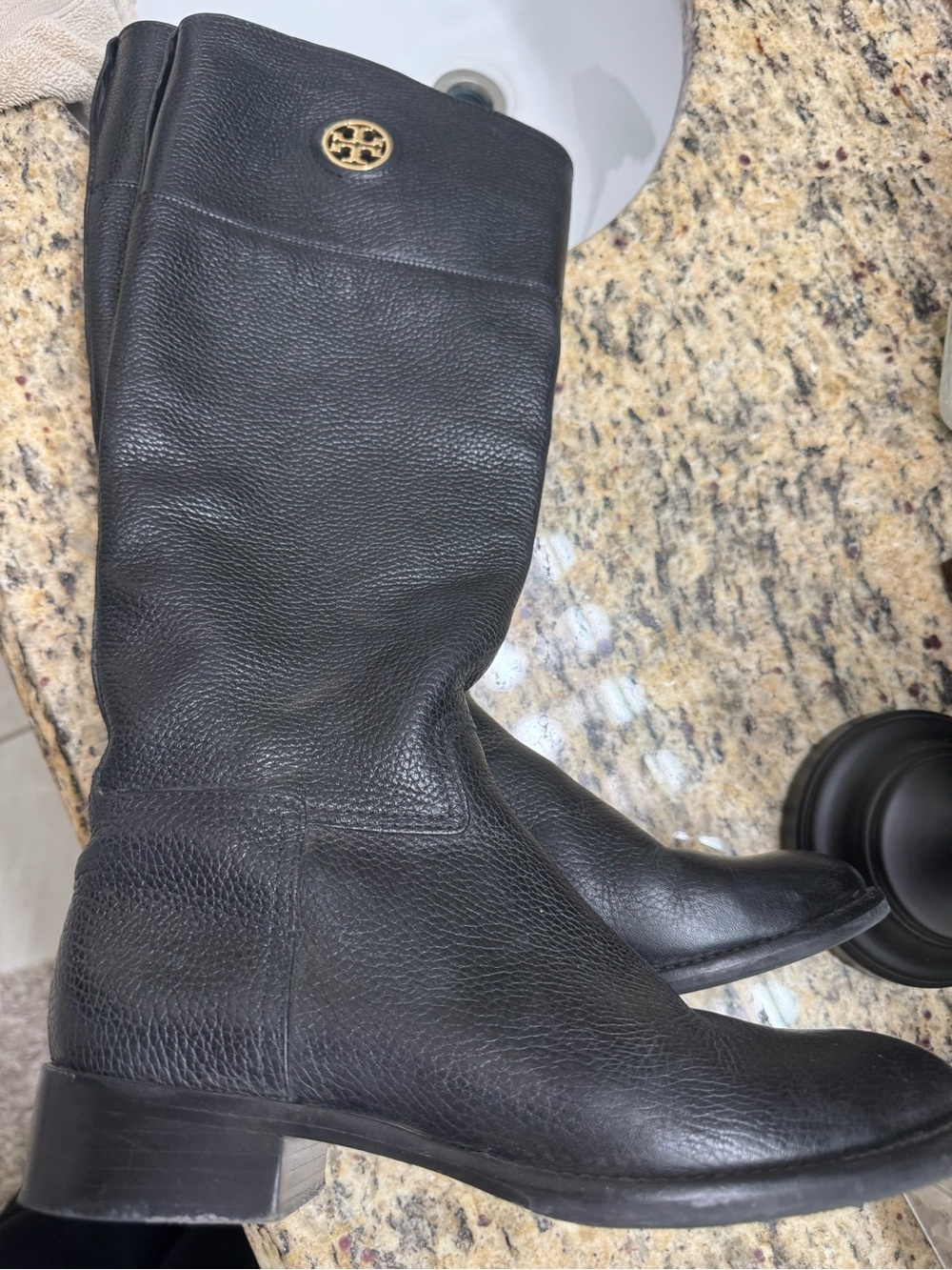 Tory Burch Black Tall Boots with Gold Logo - Picture 7 of 7